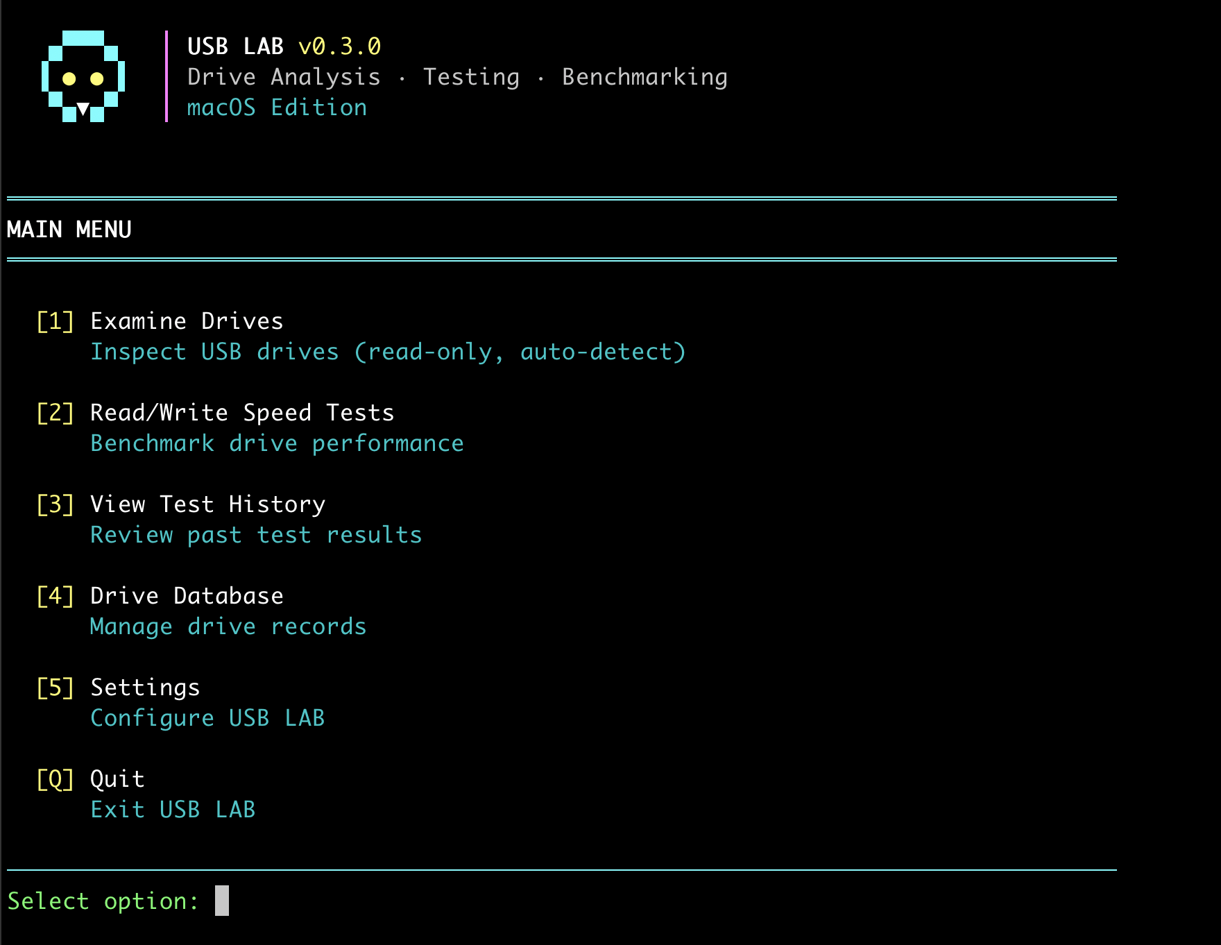USB LAB terminal interface showing main menu